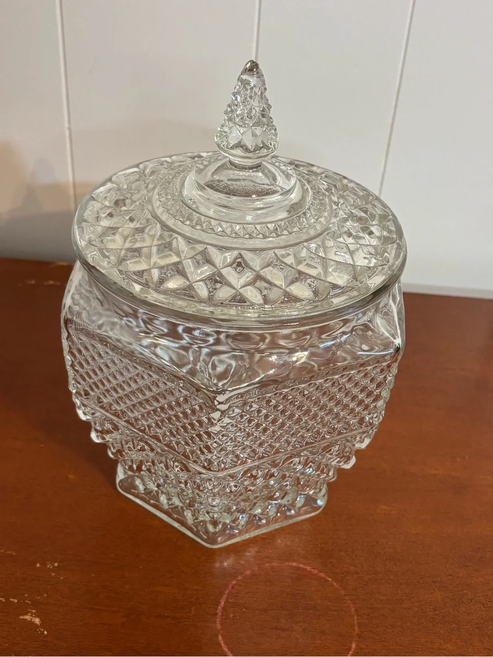 VTG Indiana Glass Diamond Point Hexagon Cookie Jar Lidded Crystal Canister MCM